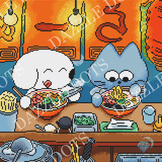 Pixel-art style illustration of two cartoon characters sitting at a table eating ramen bowls in a restaurant setting, with warm orange background elements and repeated diagonal Dazzle Dots watermark text across the image.