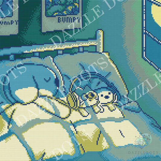 Pixelated artwork of a blue cat and a small white dog sleeping together in bed under a light blue blanket, with a bedframe, wall art, and window visible.