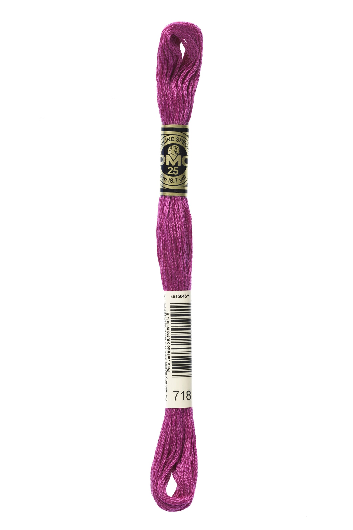 Purple embroidery floss spool with a label on a white background