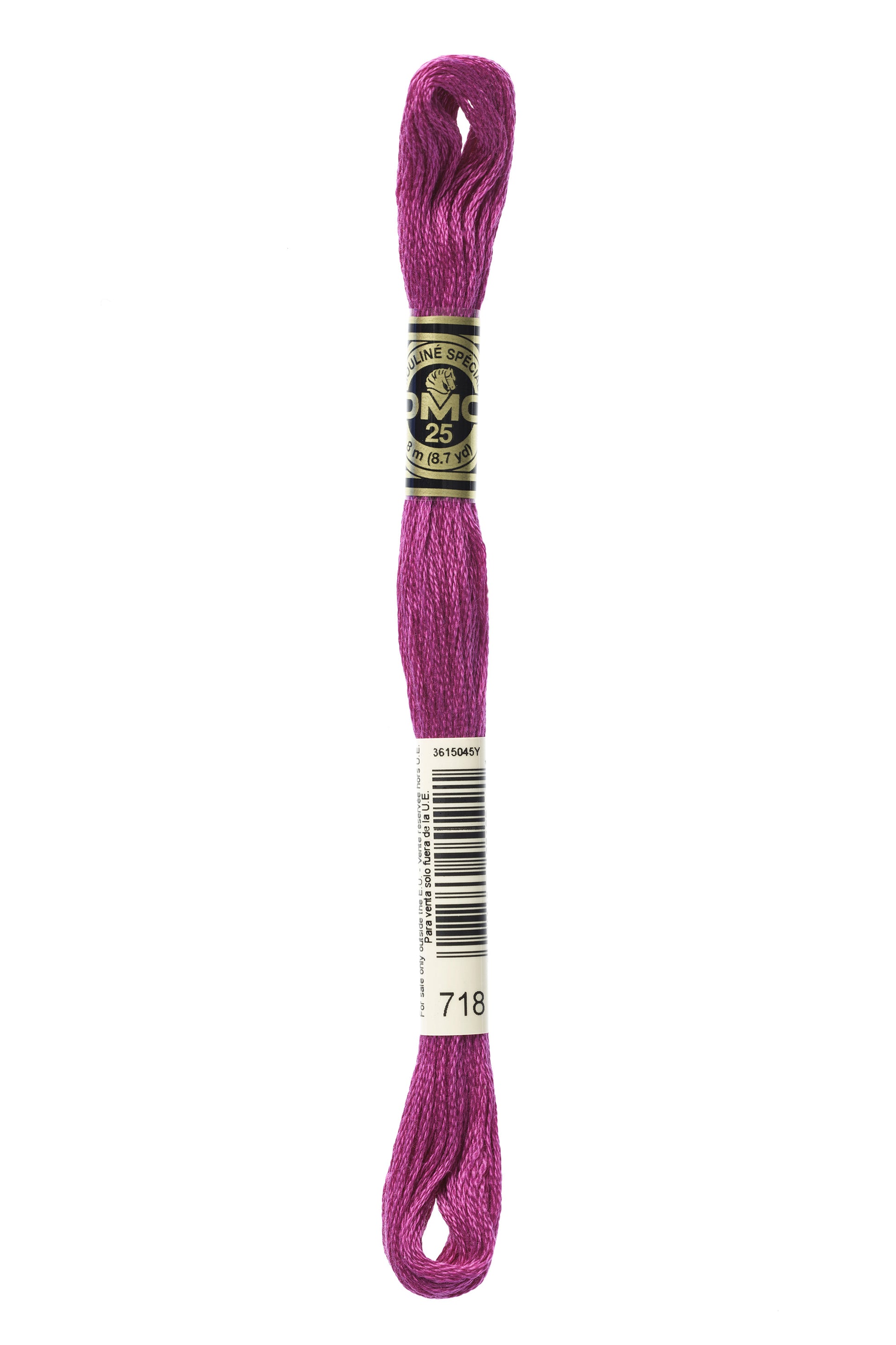 Purple embroidery floss spool with a label on a white background