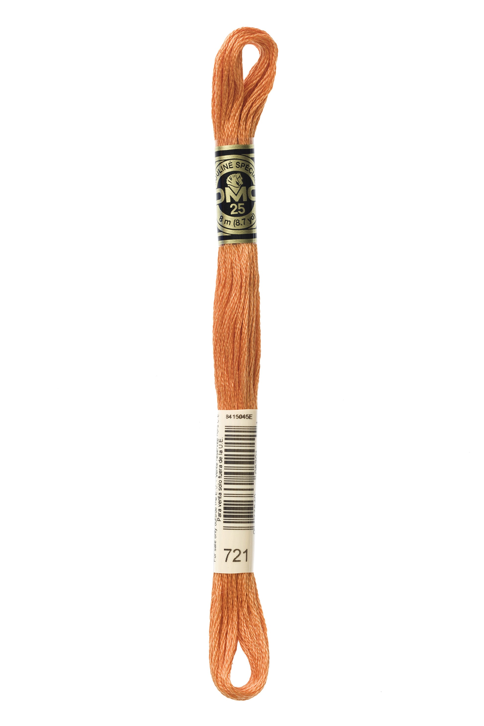 Orange embroidery floss spool with a label on a white background