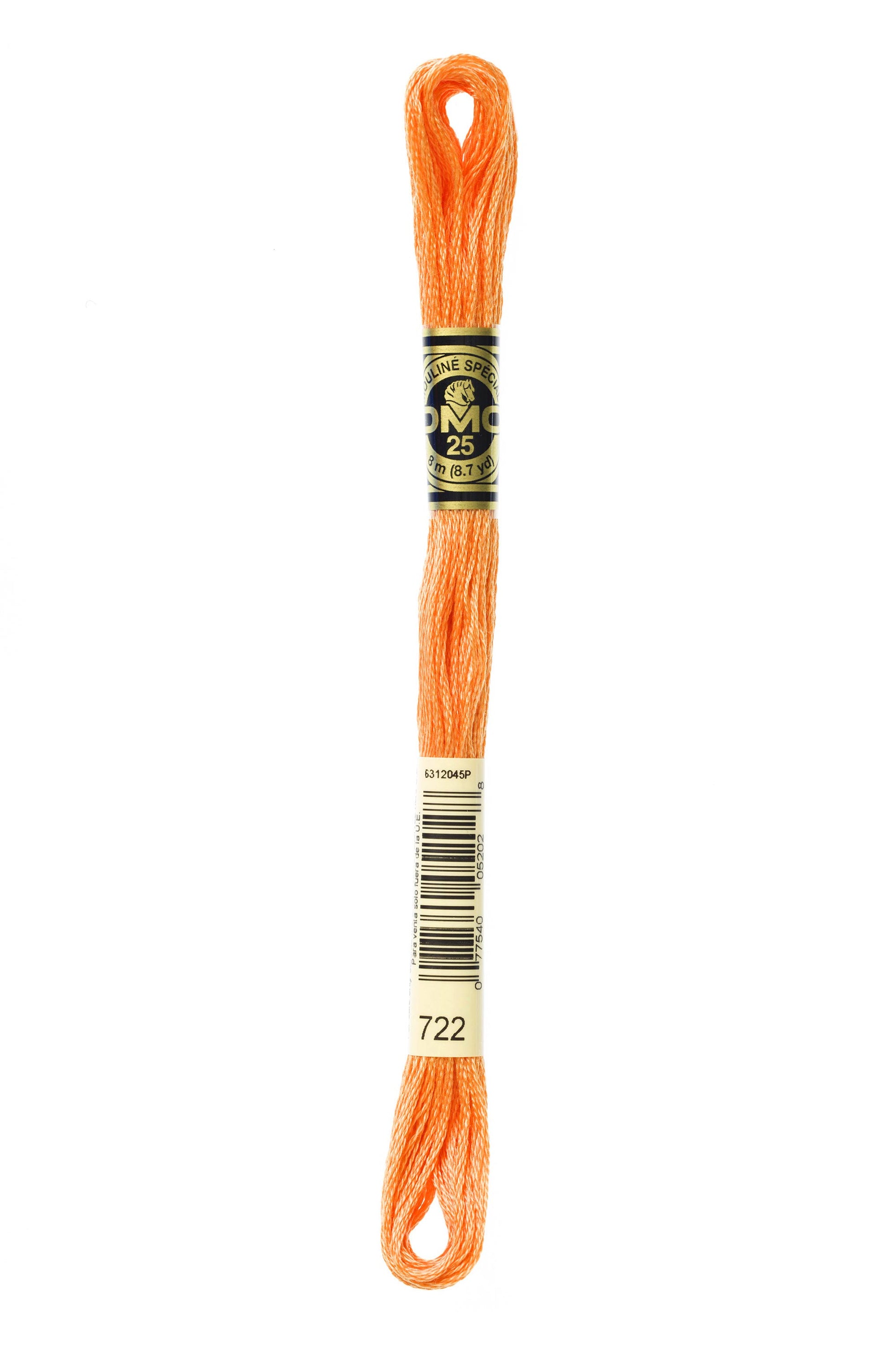 Orange embroidery floss spool with a label on a white background