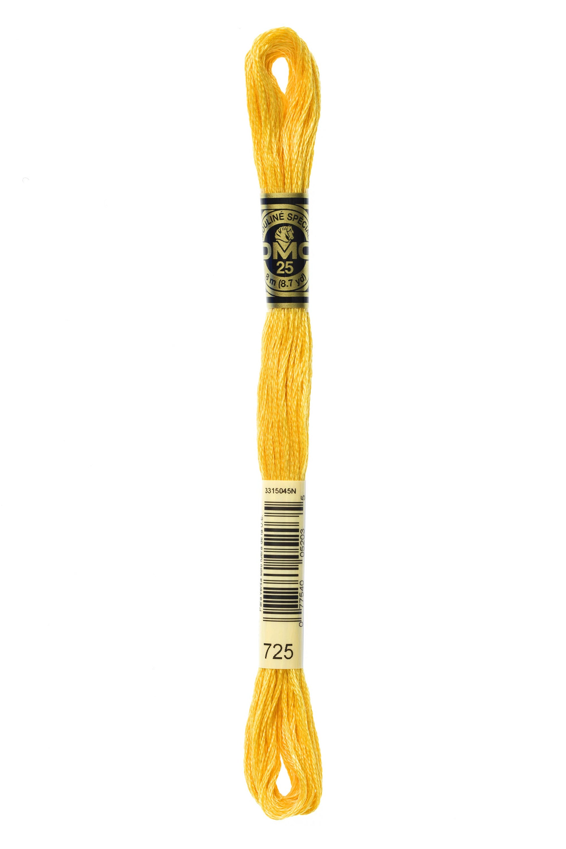Yellow embroidery floss spool with a brand label on a white background