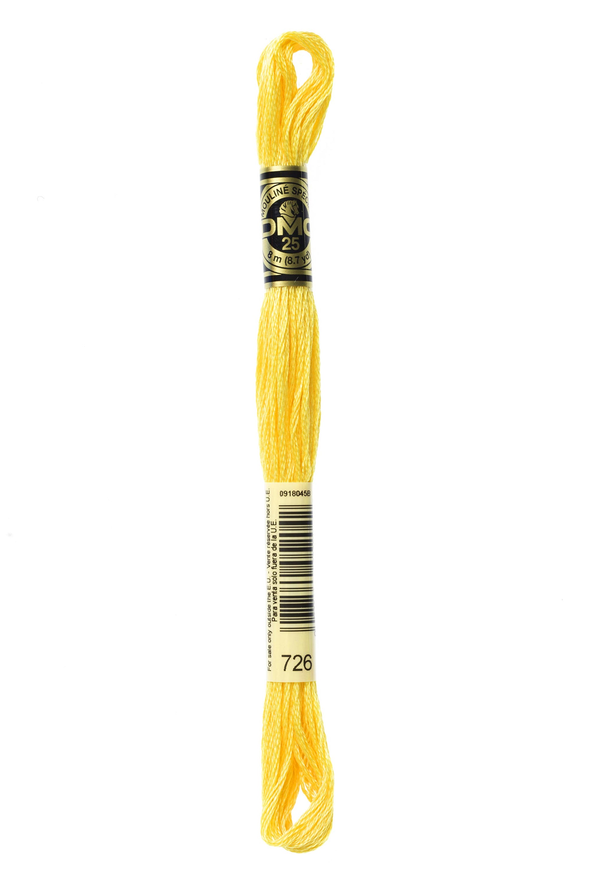 Yellow embroidery floss spool with a label on a white background