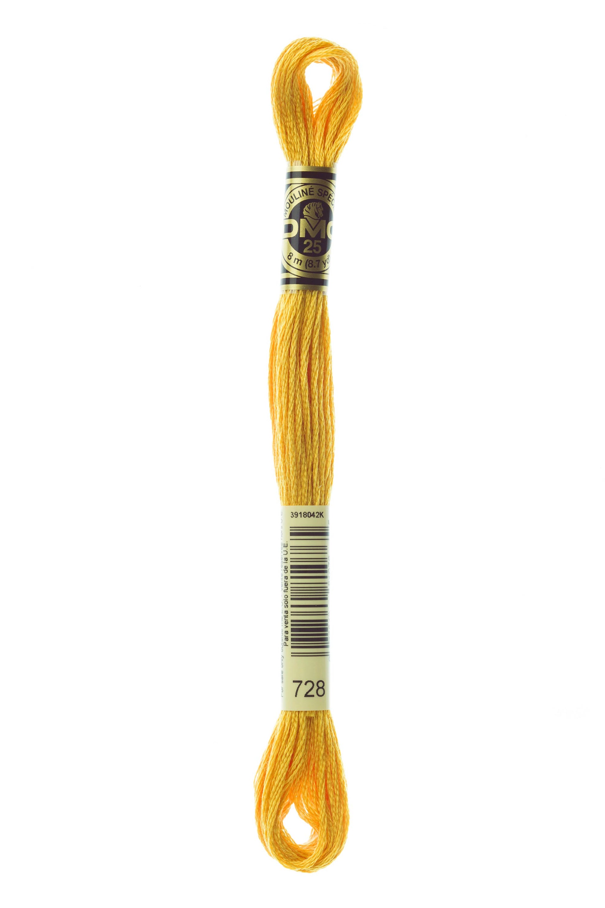 Yellow embroidery floss with a metal clasp on a white background