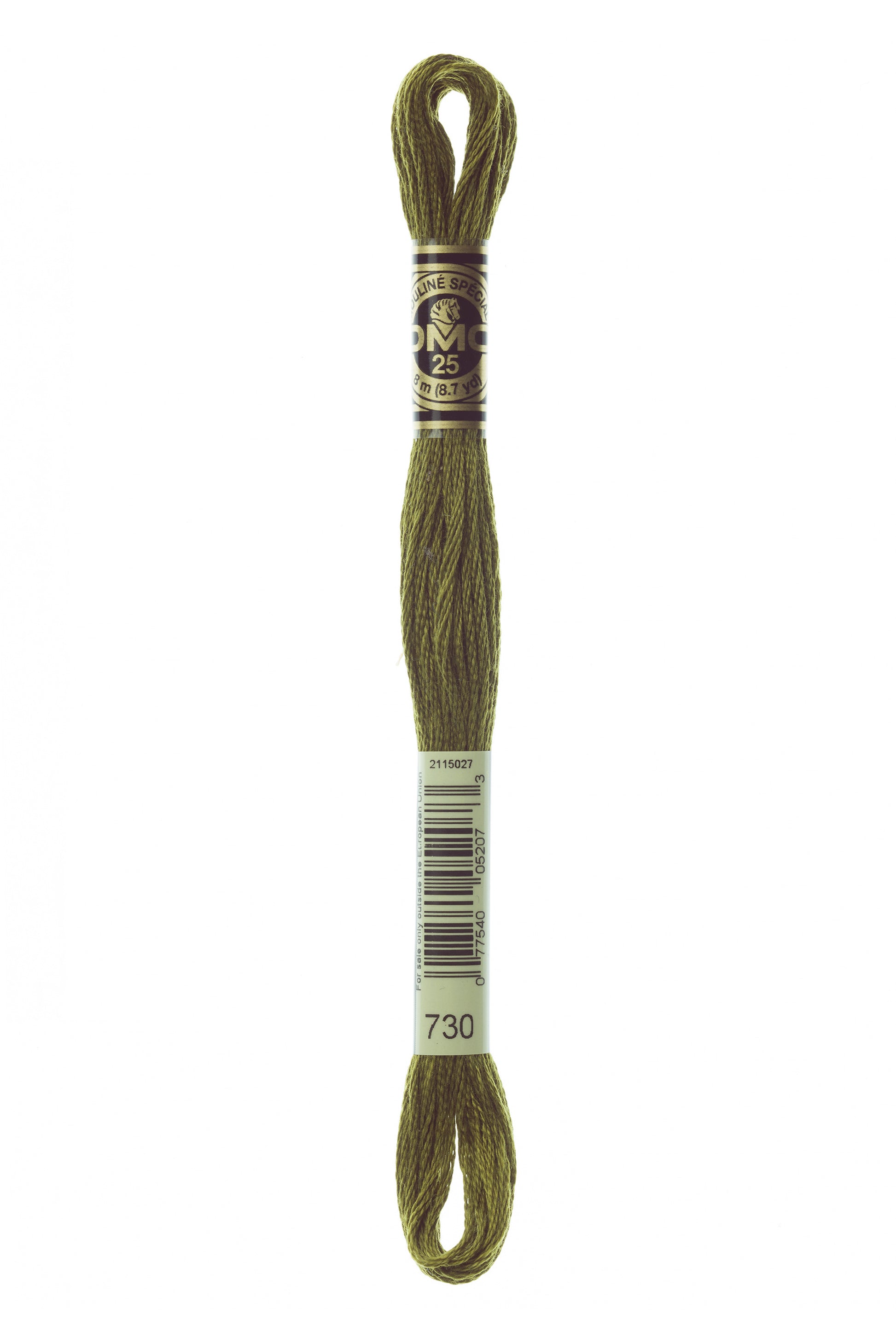 Olive green embroidery floss with a label on a white background