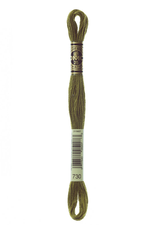 Olive green embroidery floss with a label on a white background
