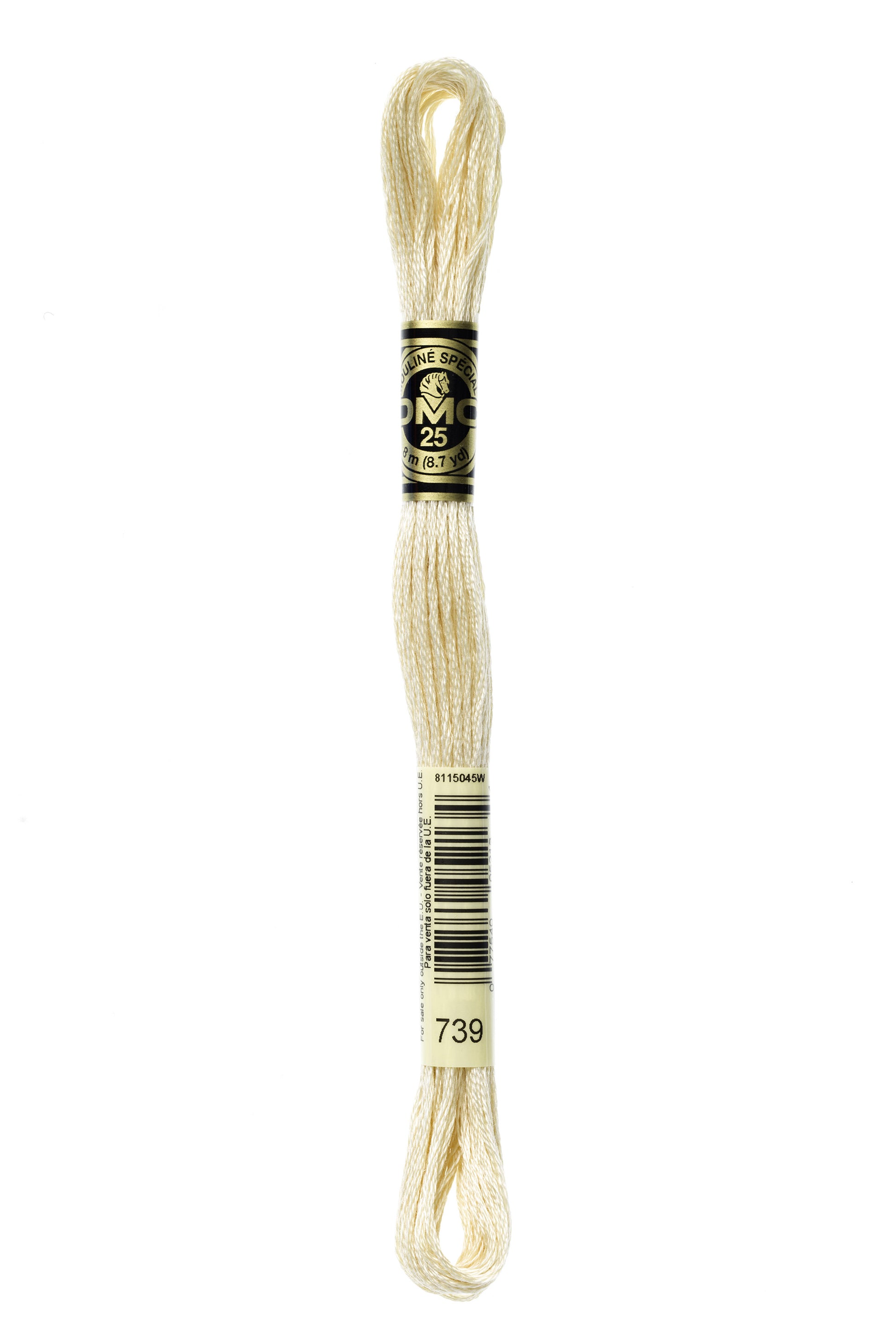 Spool of cream-colored embroidery floss with a label on a white background