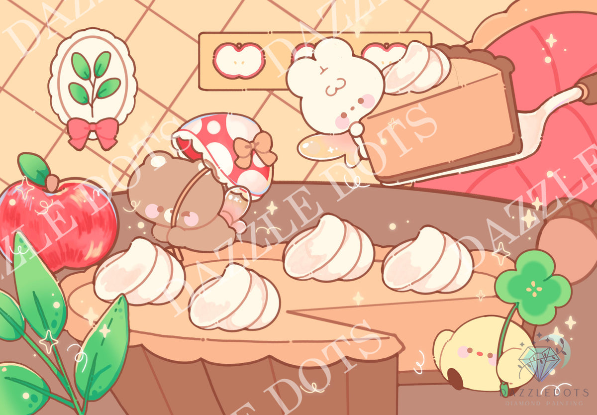 A pastel anime-style illustration showing a character in a red-and-white polka dot hat and brown coat arranging white pastry-like shapes on a table, with an apple, a small yellow plush figure, and decorative heart motifs in the background.