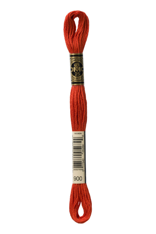 color 900 Red embroidery floss spool with a DMC brand label on a white background
