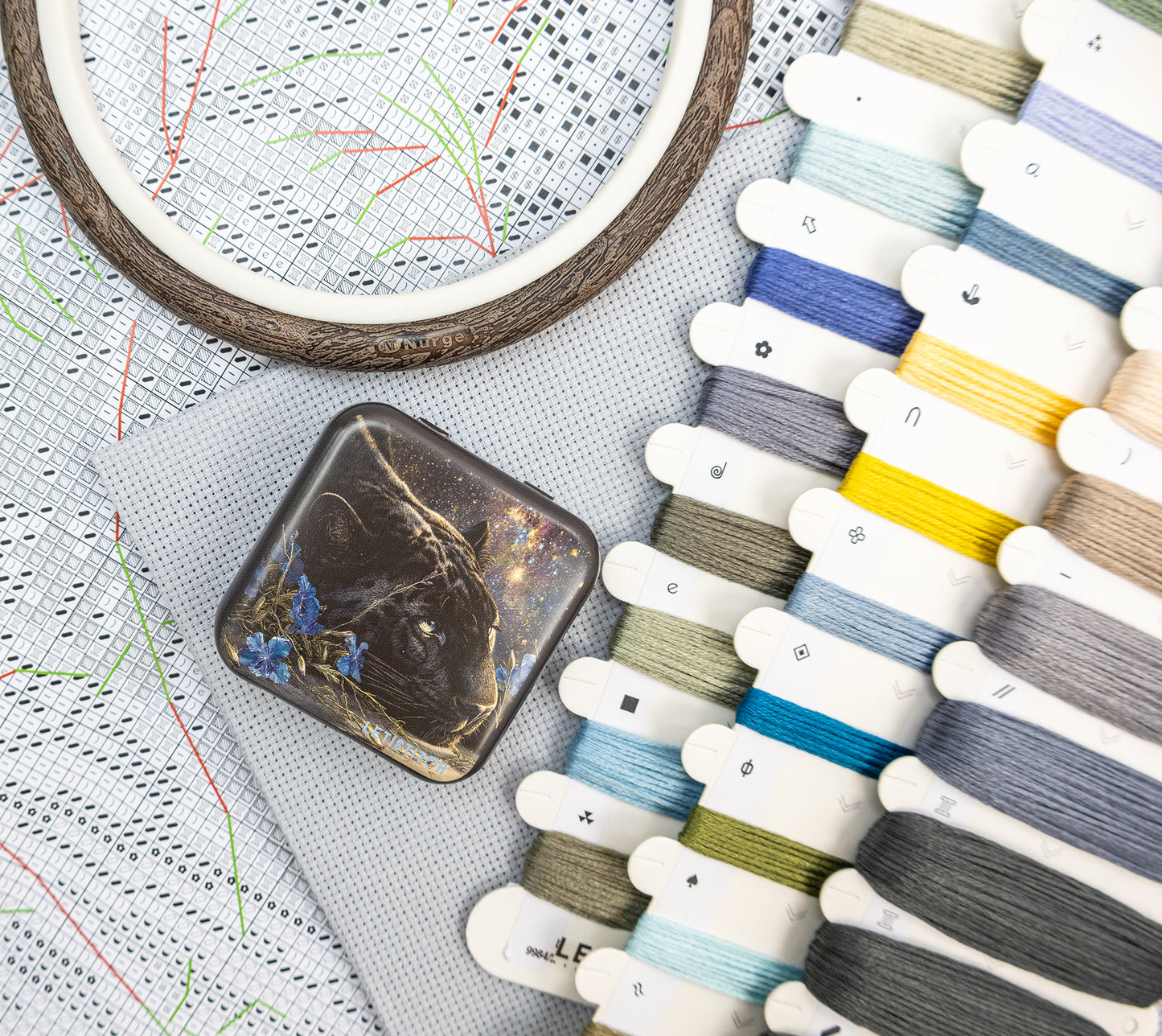 Spools of thread arranged on a fabric with an embroidery hoop in the background