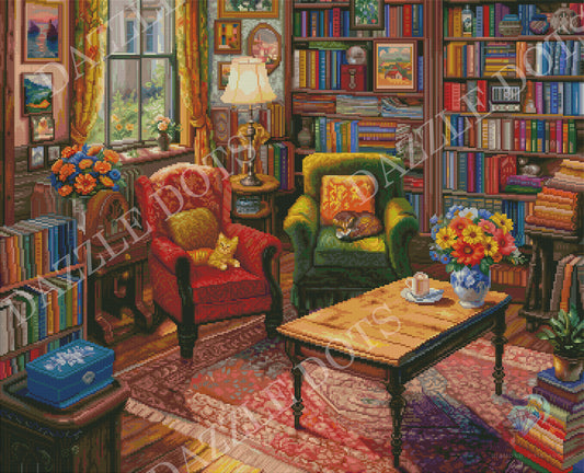 Diamond painting of a Cozy living room with bookshelves, armchairs, and a table.