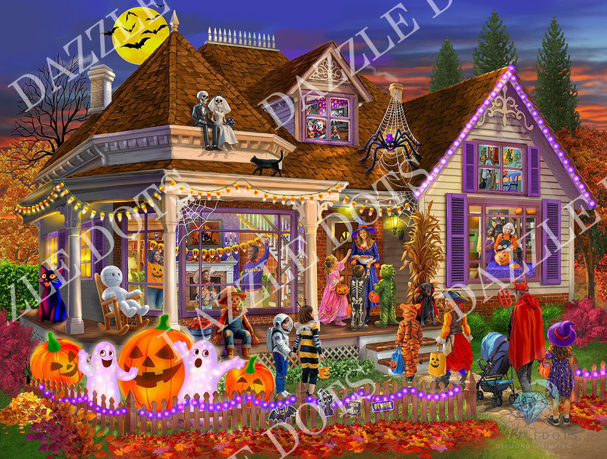 Halloween-themed house with decorations and characters on a colorful background
