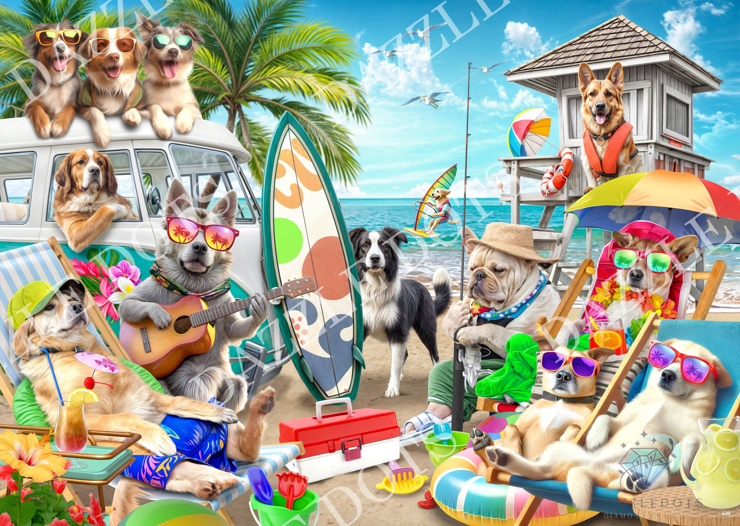 Collage of dogs enjoying a beach day with sunglasses, surfboards, and umbrellas.