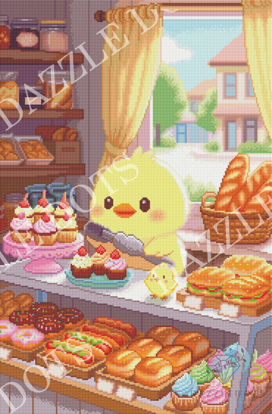 A pixel-art style illustration of a yellow chick standing behind a bakery display case filled with pastries, cupcakes, breads, and pastries, with a window showing a sunny street outside. The image has a repeated diagonal watermark reading 'Dazzle Designs'.
