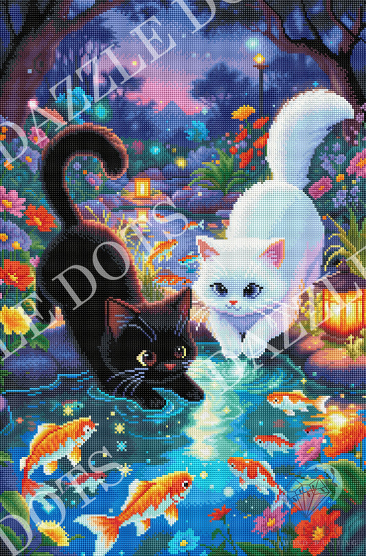 A colorful diamond painting or cross-stitch style artwork showing two cats by a pond at night: a black cat on the left and a white cat on the right, with glowing fish, flowers, lanterns, and a starry sky in the background.