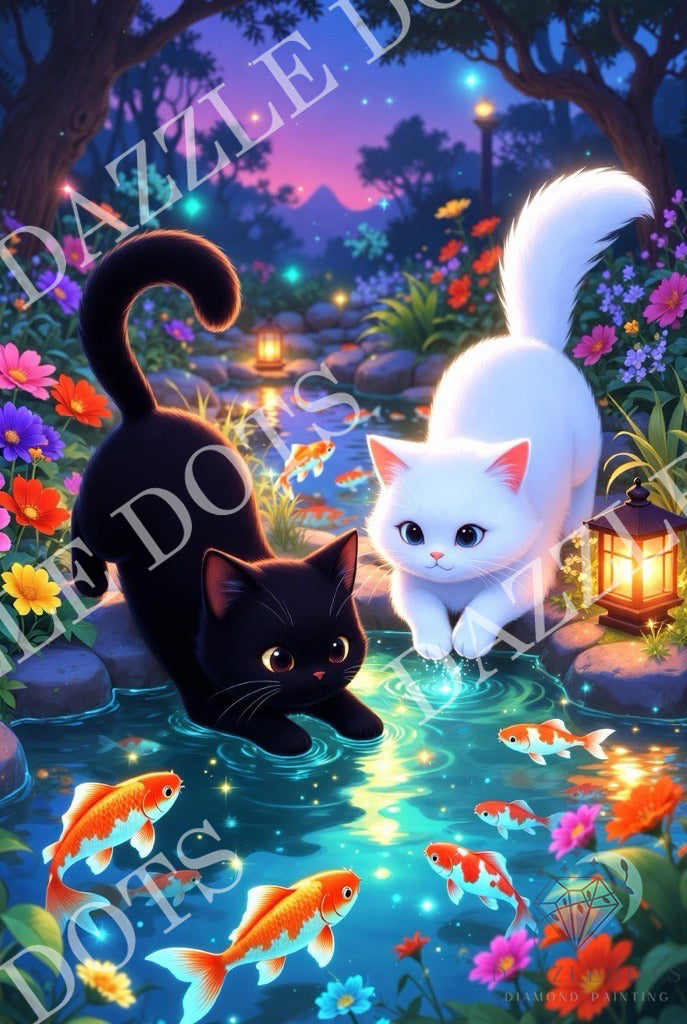 A whimsical fantasy-style illustration of two cats by a glowing pond at night: a black cat on the left and a white cat on the right, surrounded by colorful flowers, fish, lanterns, and trees under a purple sky. A large diagonal watermark reading 'DAZZLE DOTS' is visible across the artwork.