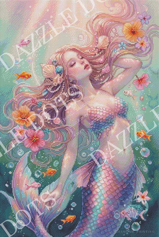A colorful mermaid artwork with flowing pastel hair, a pink and blue scaled tail, sea flowers, bubbles, and small fish on a teal underwater-style background. Large diagonal 'DAZZLE DOTS' watermarks are visible across the image.