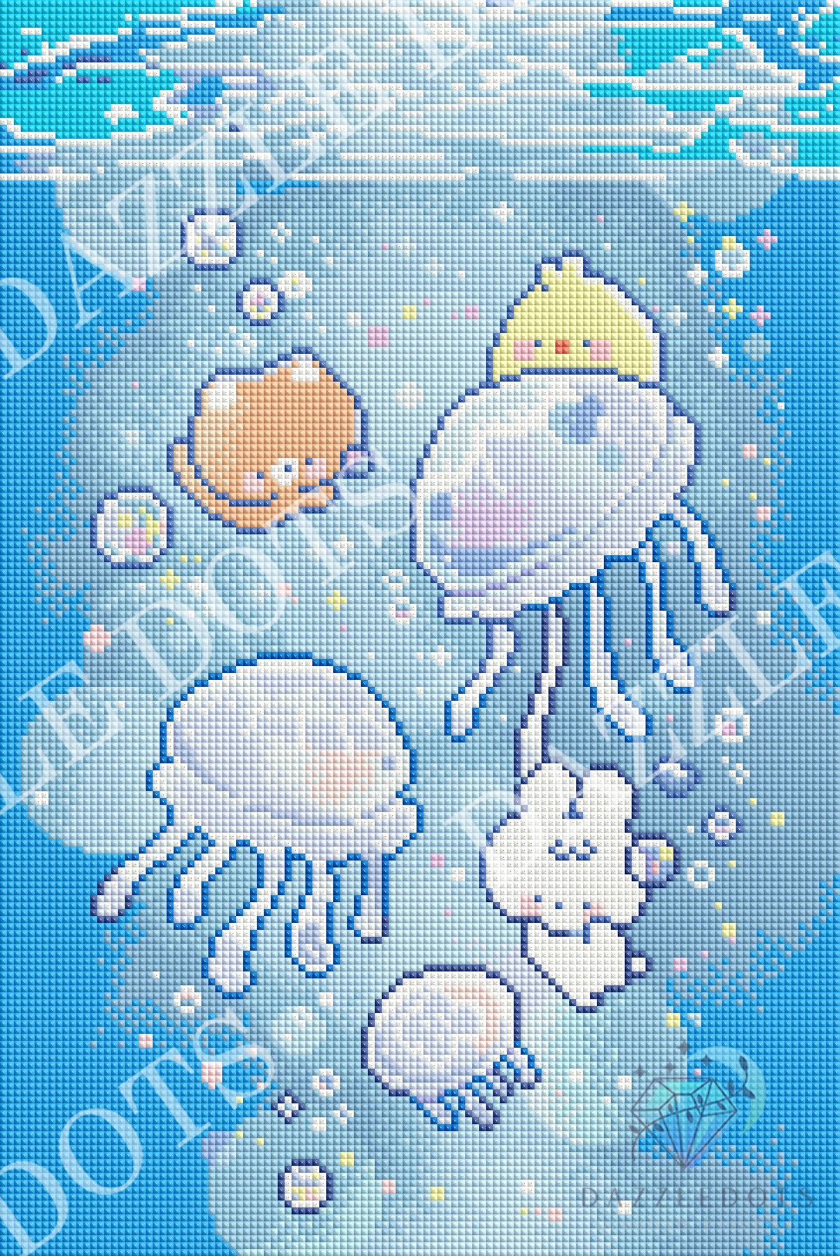 A pixel-art style underwater scene with jellyfish, a small orange creature, a white bunny, bubbles, and sparkling dots on a blue water background. Diagonal watermark text reads 'Davy Dots' and a logo appears in the lower right.