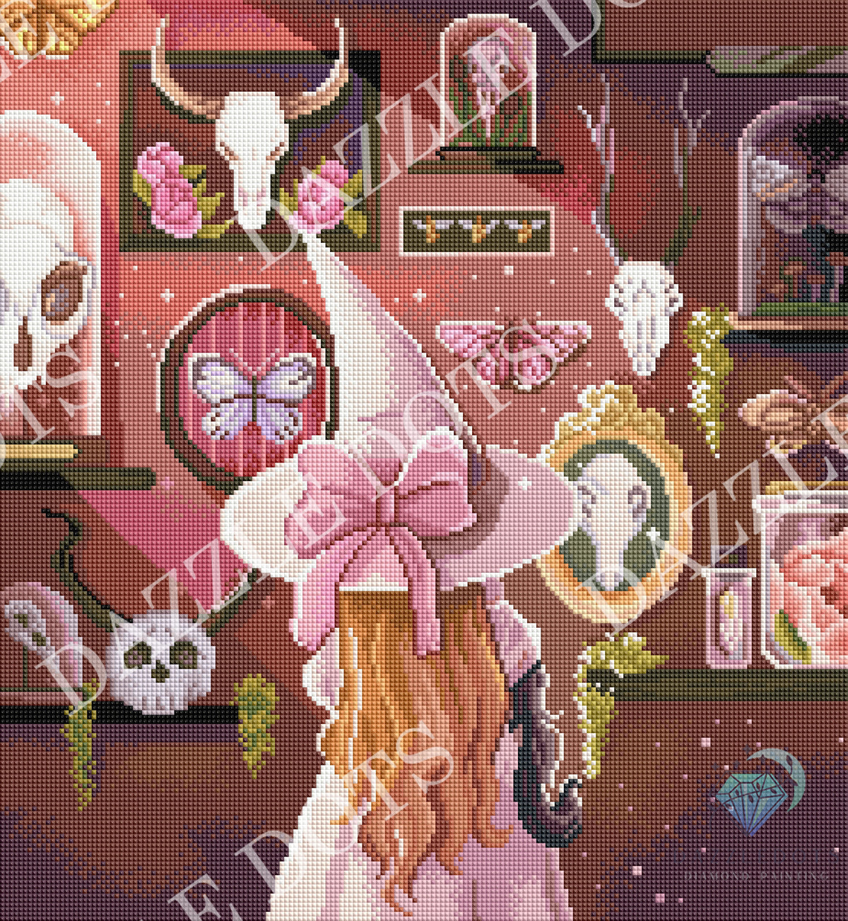 A pixel-art style illustration of a witch in a tall pink hat with a large pink bow, standing in a dusty pink room filled with skulls, butterflies, framed portraits, and glass cases.