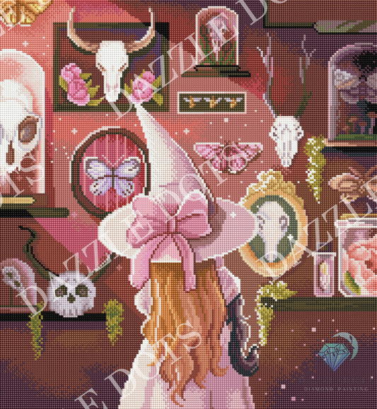 A pixel-art style illustration of a witch in a tall pink hat with a large pink bow, standing in a dusty pink room filled with skulls, butterflies, framed portraits, and glass cases.
