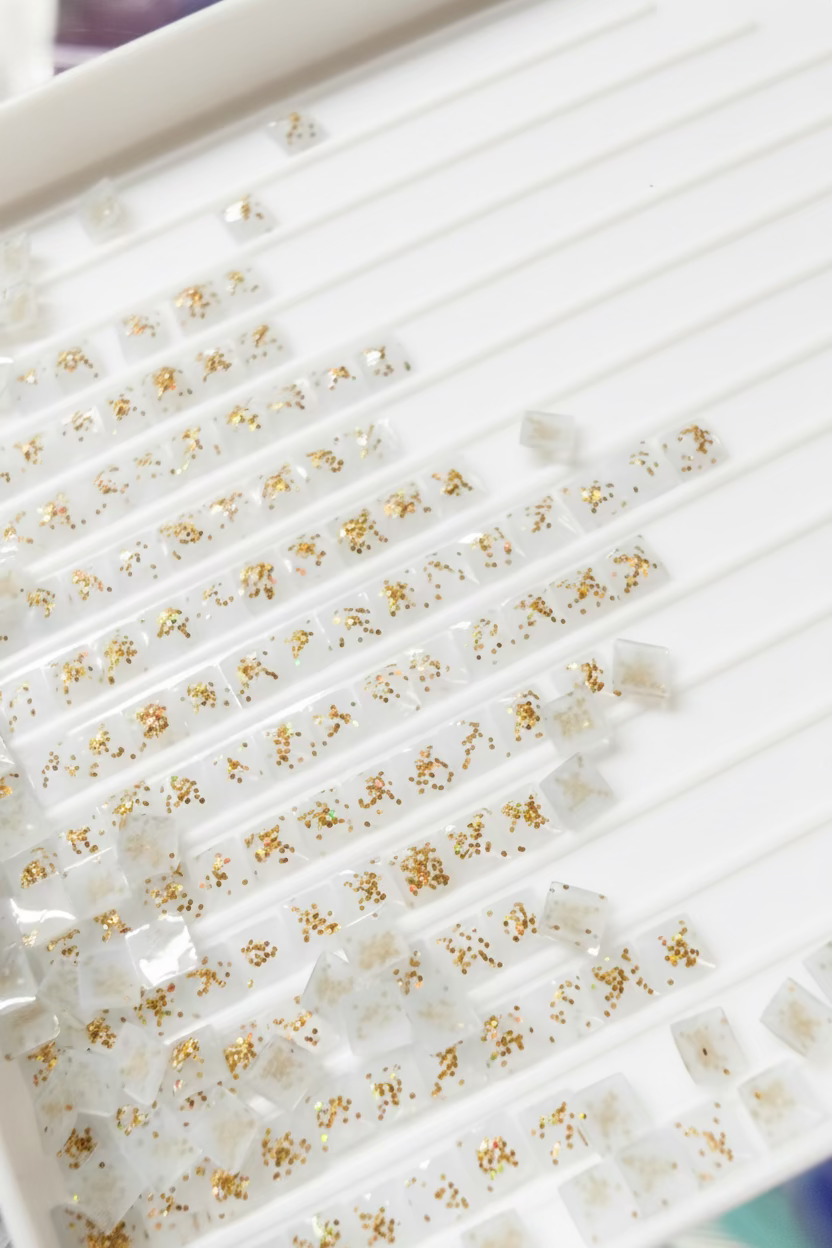 A white plastic tray filled with many clear rectangular acrylic nail art tips containing scattered gold glitter, photographed close up against a colorful patterned background.
