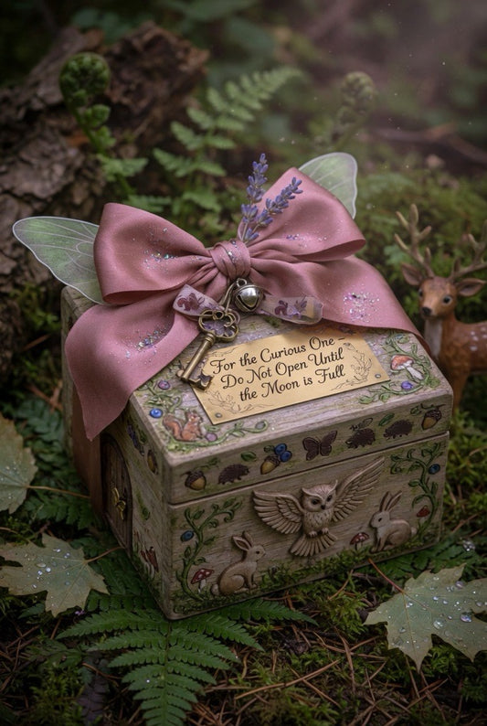 Letistitch Fantasy Mystery Box, with a pink bow and fairy wings on a forest floor