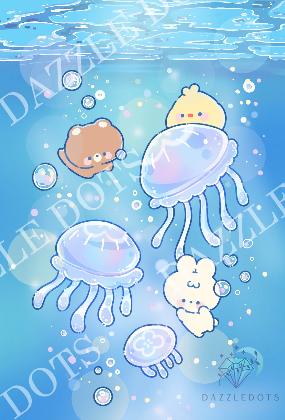A cute underwater illustration with pastel jellyfish, a small yellow chick, a brown bear, and a white bunny on a blue water background with bubbles. Faint diagonal and vertical DAZZLEDOTS watermarks are visible across the artwork.