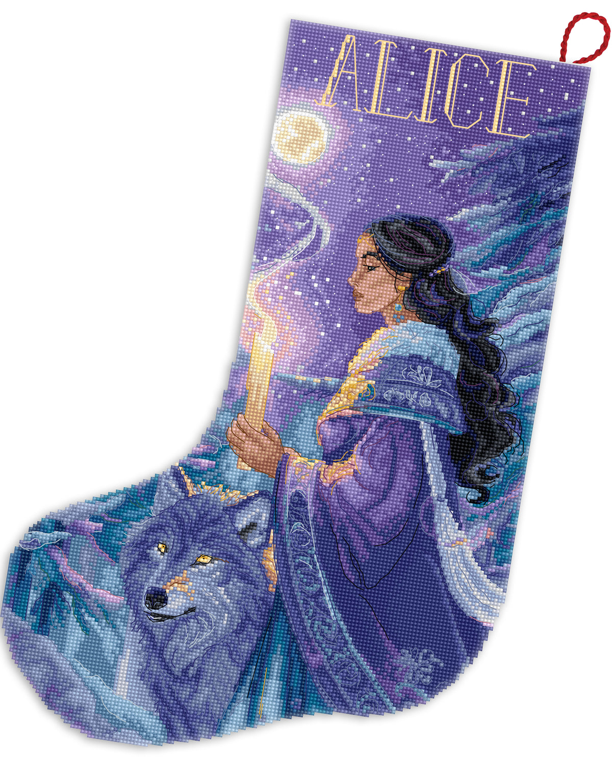 Decorative stocking with a woman, wolf, and 'Alice' text on a purple background