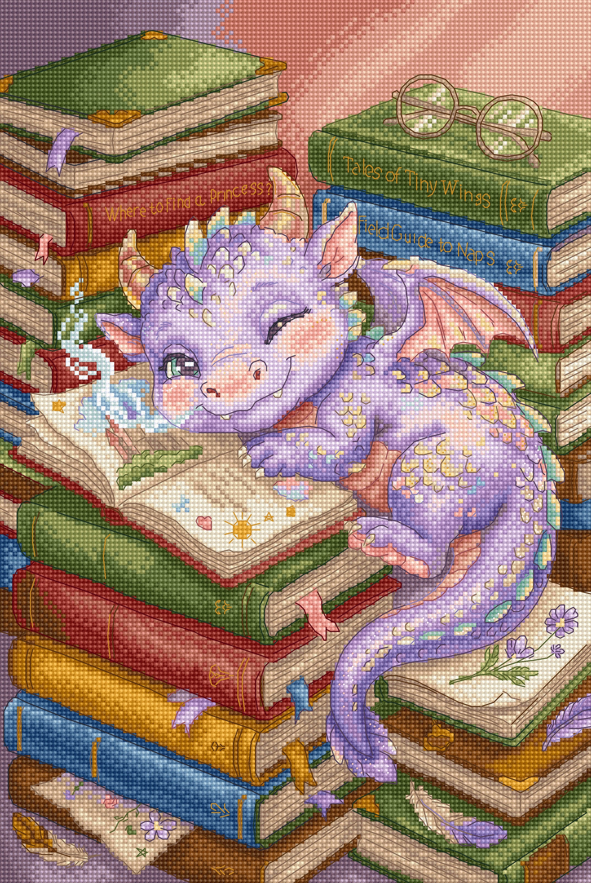 Colorful dragon sitting on a stack of books with glasses on top, surrounded by flowers.