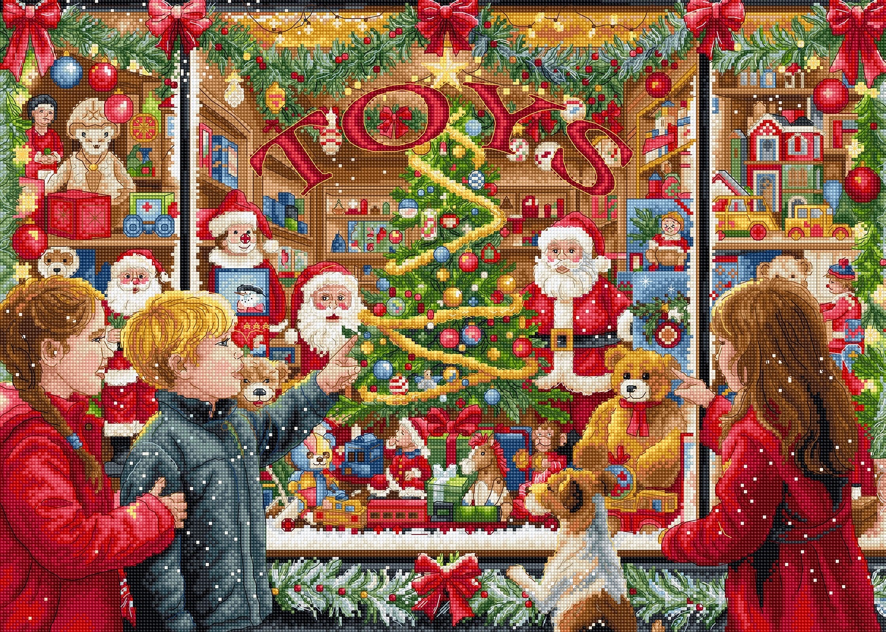 A festive Christmas window scene with children looking at a decorated tree and toys inside a shop window. Santa Claus, toys, ornaments, garlands, snow, and large red bows decorate the scene.