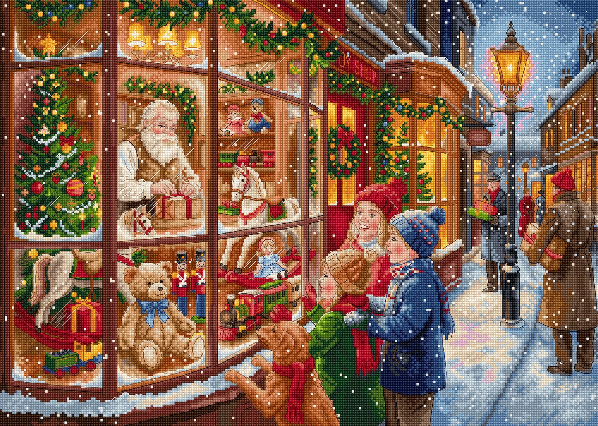 A festive needlepoint or cross-stitch style illustration of a snowy Christmas street scene, showing a toy store window with Santa Claus, teddy bears, gifts, and children looking out at the snowfall.