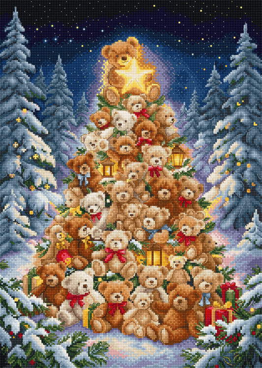A festive cross-stitch style illustration of a Christmas tree made of teddy bears, with a glowing star on top, surrounded by snowy pine trees at night.