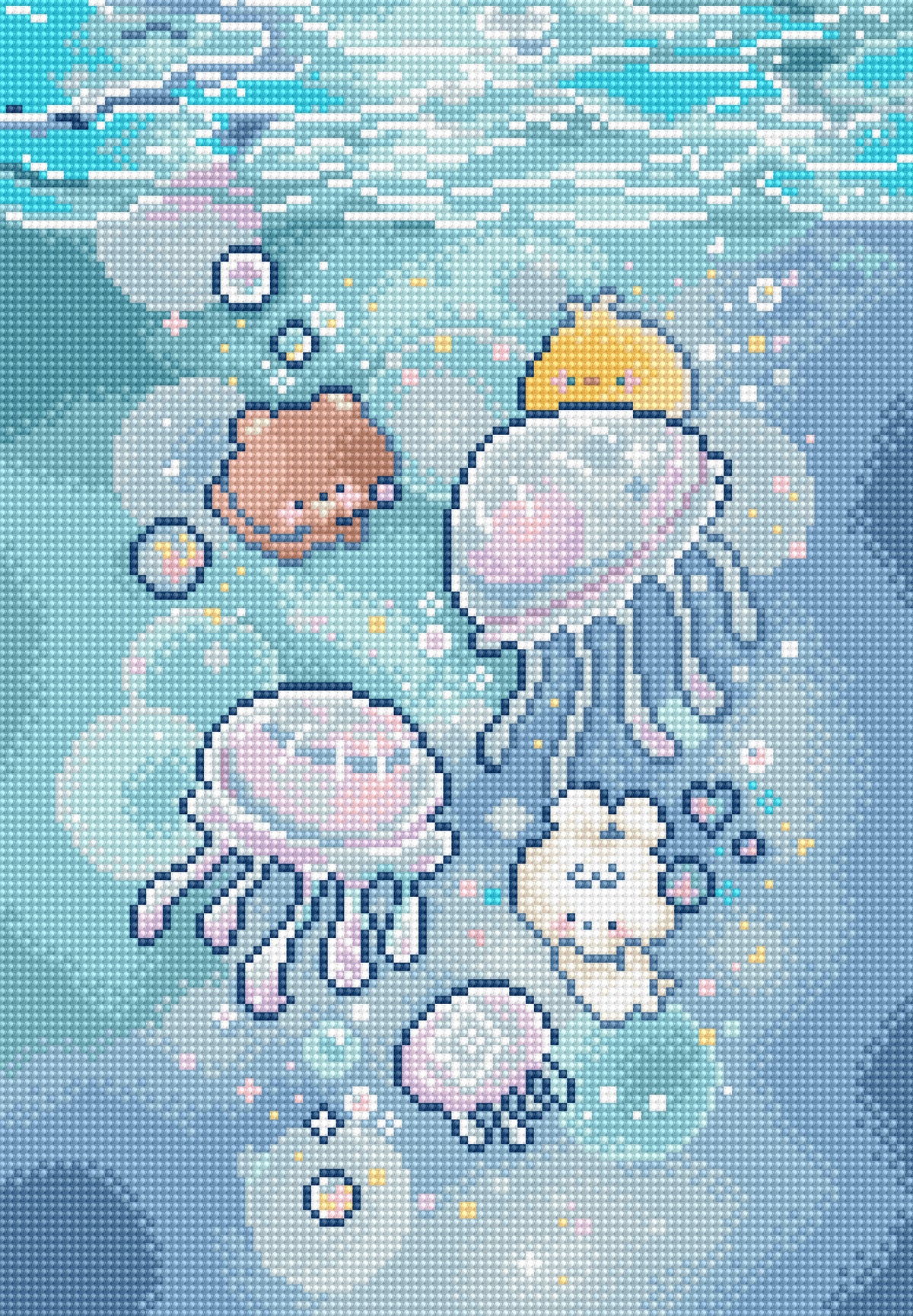 A pixel-art style underwater scene with jellyfish, bubbles, and cute animal characters in pastel colors on a blue water background.