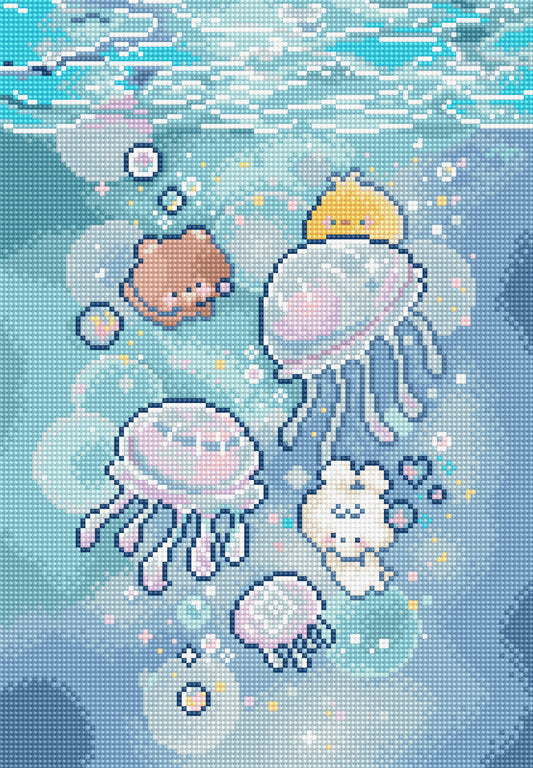 A pixel-art style underwater scene with jellyfish, bubbles, and cute animal characters in pastel colors on a blue water background.