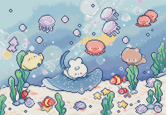 A pixel-art underwater scene with a white character riding a blue starfish, surrounded by jellyfish, octopus, fish, seaweed, bubbles, and shells on a sandy ocean floor.
