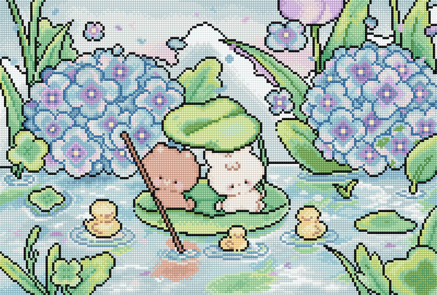 A pixel-art style illustration of two small animals sitting in a green lily pad boat on a pond, surrounded by large blue-purple flowers, green leaves, ducks, and a waterfall in the background.