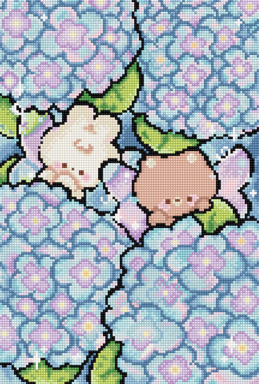 Letistitch Cross Stitch kit envisaging two cute animals hiding in hydrangeas