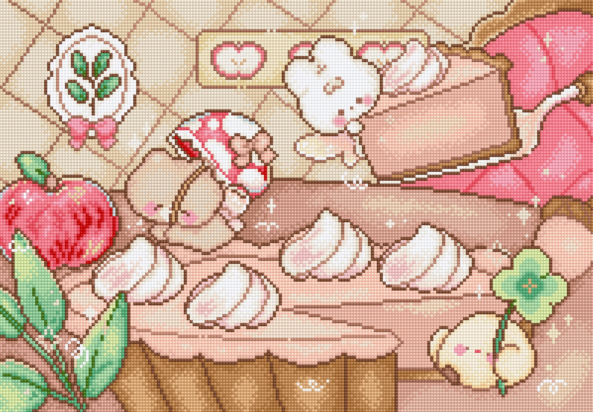 A pixel-art style illustration of a cozy dessert-themed scene with a white bunny, pink and cream cakes, a red apple, green leaves, and a small clover motif on a warm beige quilted background.