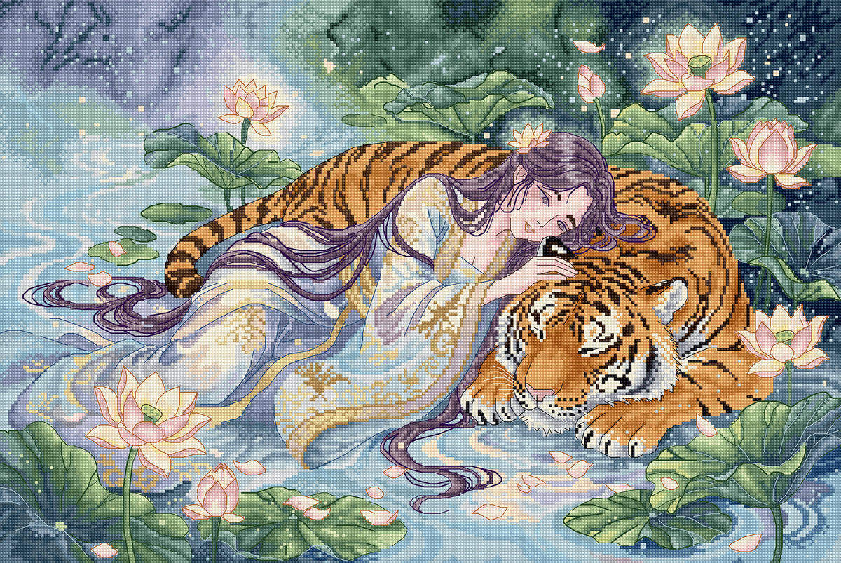 A detailed cross-stitch style artwork depicting a woman with long purple hair resting on a large tiger in a pond surrounded by lotus flowers and green lily pads.