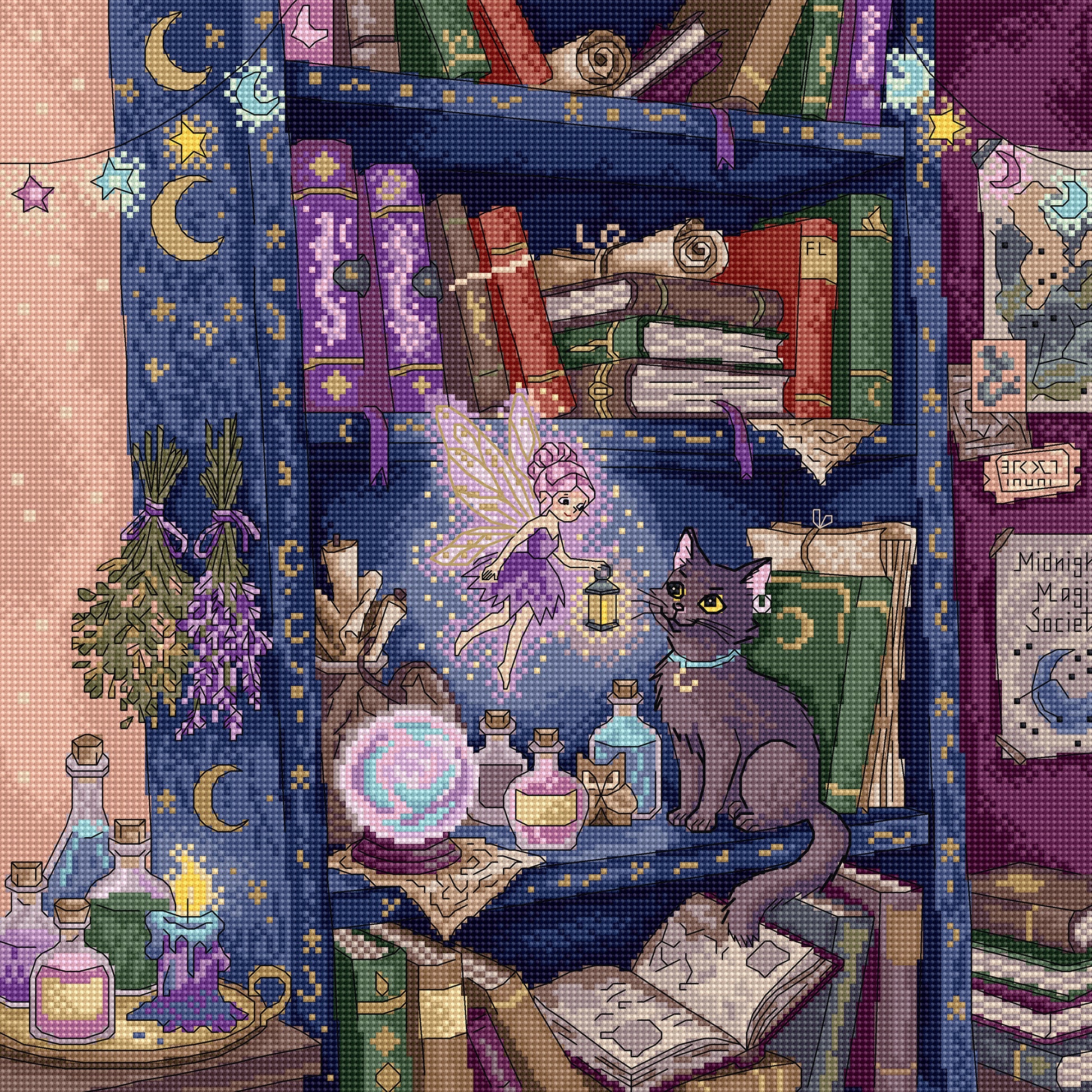 A detailed cross-stitch illustration of a cozy witch's shelf scene with a dark cat, fairy lantern, potion bottles, books, stars, moons, and lavender bundles against a purple and blue background.