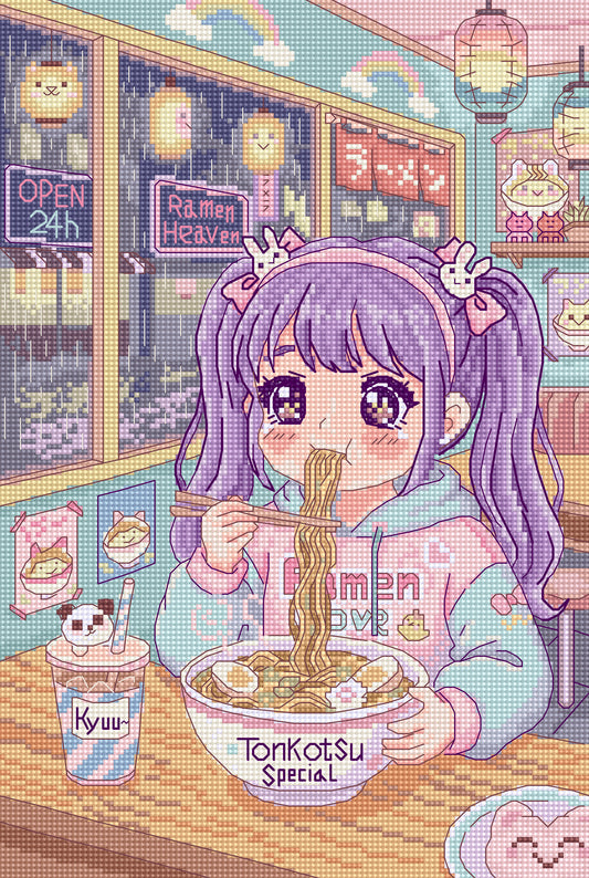 A colorful anime-style illustration of a girl with purple pigtails eating ramen at a cafe table, with cute cat-themed decorations and signs in the background.