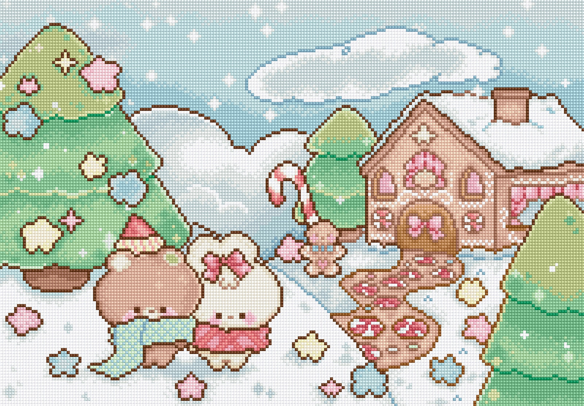 A pixel-art winter scene with two cute cartoon characters in a snowy village. A pink-and-white house with a candy cane is on the right, and the characters are standing near a decorated Christmas tree on the left.