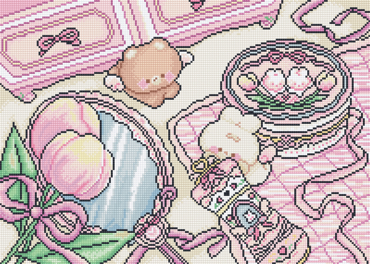 A pink and cream cross-stitch style illustration featuring a teddy bear, tulips, a mirror, a small basket of flowers, and a ribbon bag on a patterned fabric background.