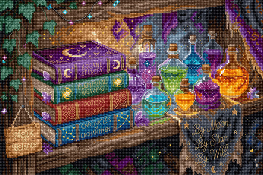 A cozy fantasy-themed cross-stitch design featuring a stack of magical books labeled 'Arcane Secrets, alongside glowing potion bottles in purple, blue, green, and orange on a wooden shelf. A small sign reads 'By Moon By Star By Will.