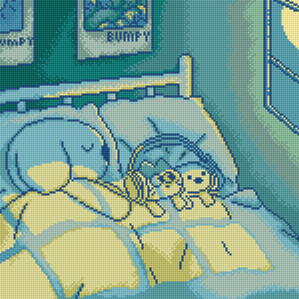 Pixel art style illustration of a blue bear and a small dog sleeping together in bed under yellow covers, with a teal wall and framed art in the background.