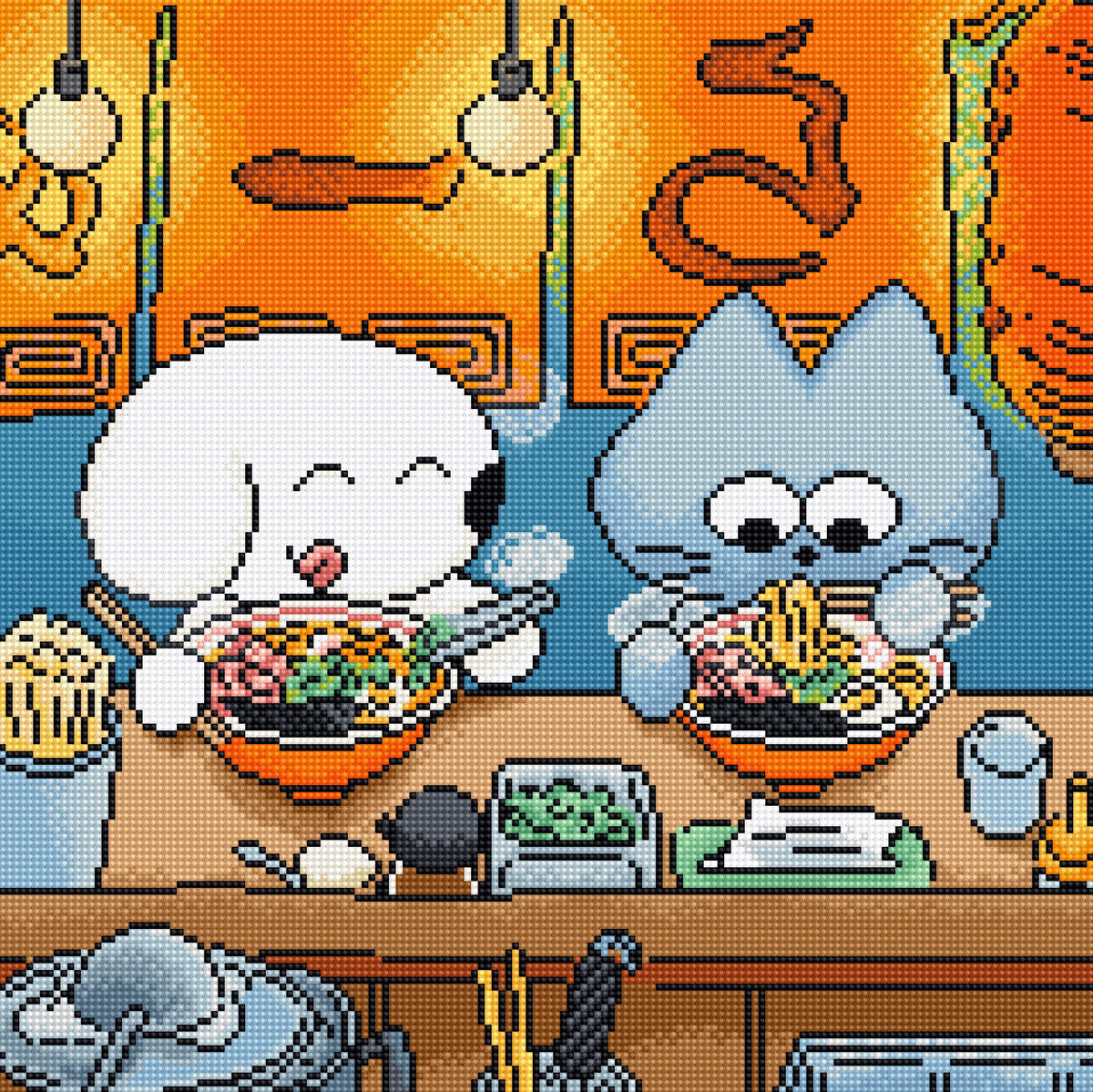 Pixel-art illustration of two cartoon characters sitting at a table eating ramen bowls in a restaurant setting, with warm orange background elements and blue clothing on the characters.