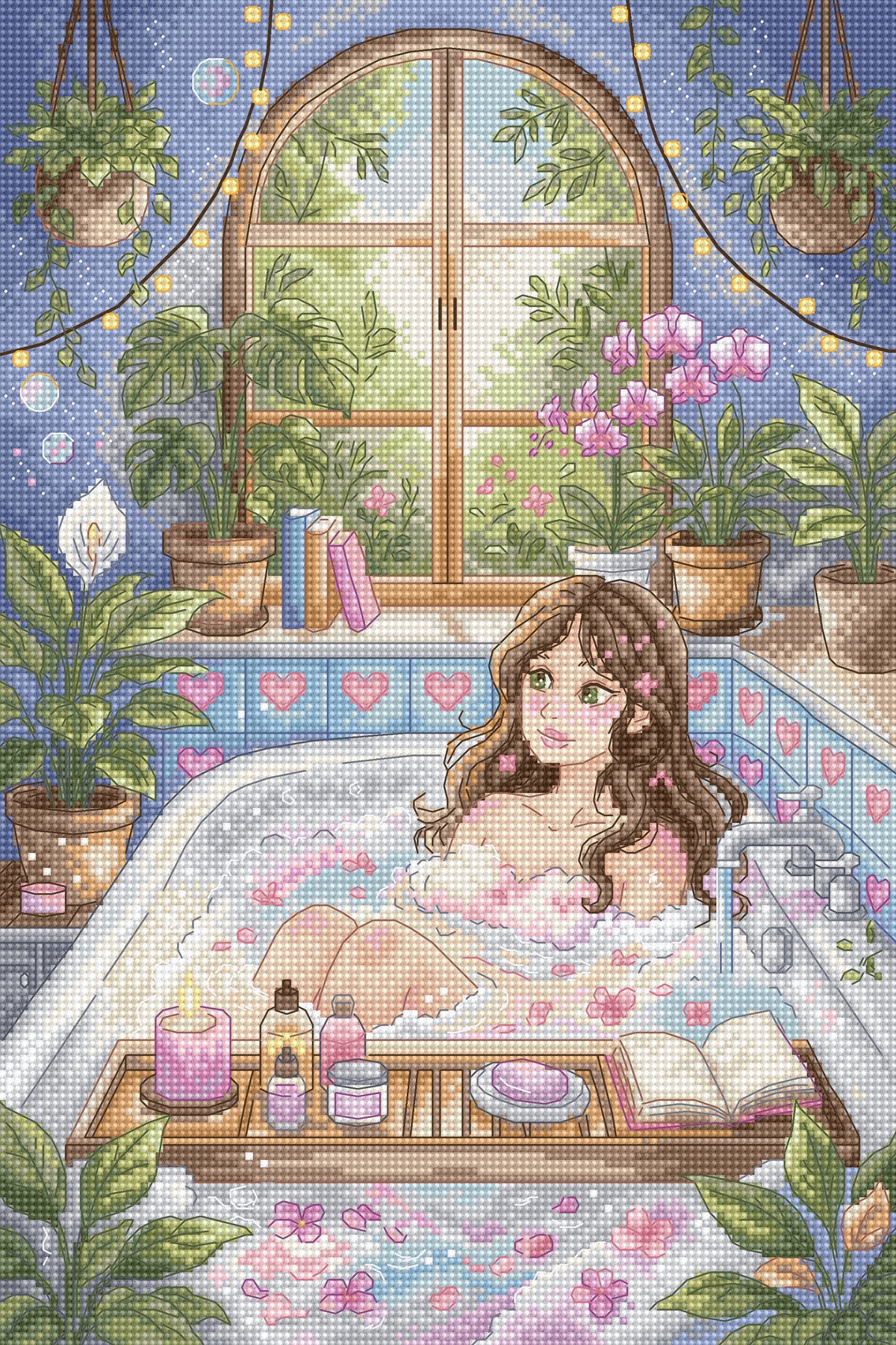 A pixel-art style illustration of a woman relaxing in a bubble bath with a wooden tray, candles, and bath accessories, set in a lush bathroom with potted plants, a large arched window, and heart-patterned tiles.
