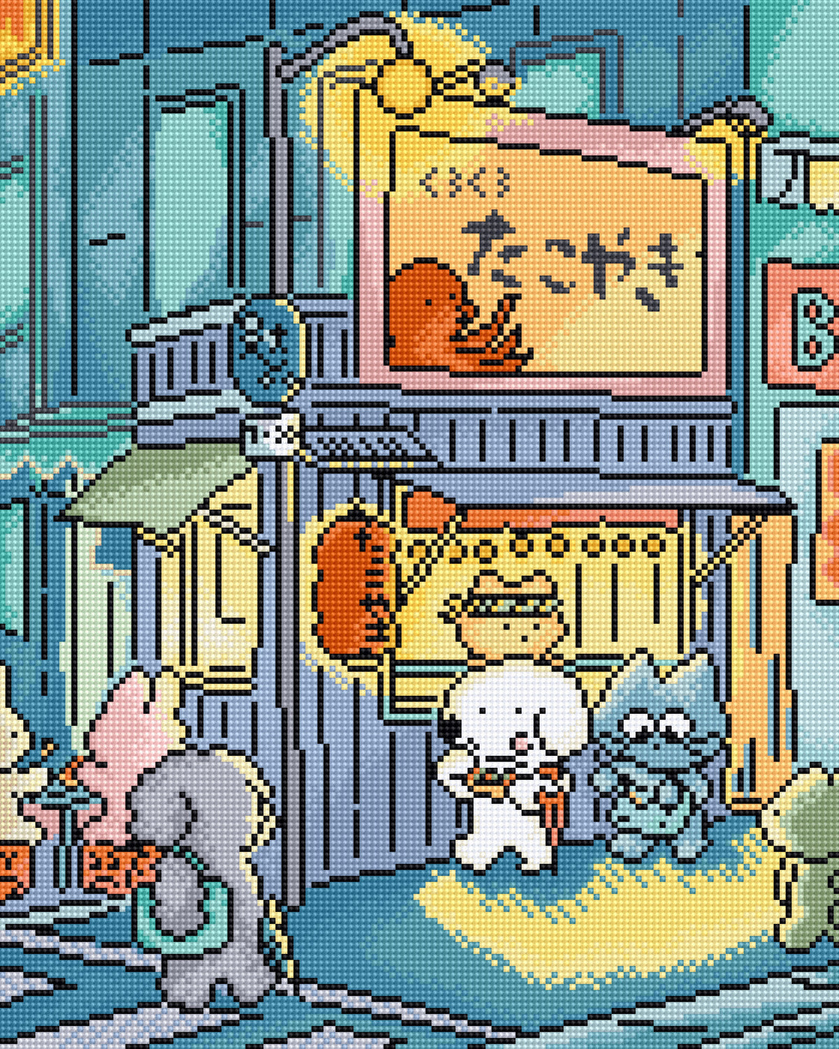 Pixel art illustration of a Japanese street scene with a storefront, lanterns, and several cute cartoon animals in pastel colors.