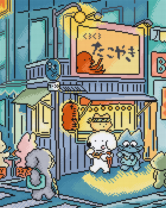 Pixel art illustration of a Japanese street scene with a storefront, lanterns, and several cute cartoon animals in pastel colors.